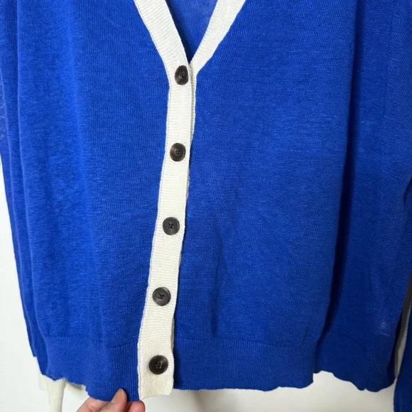Boden Liv Linen Cardigan in bright blue with white bordering varsity size XL - Picture 7 of 12